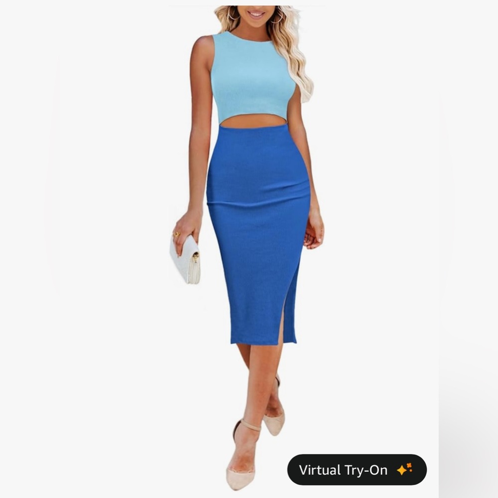 Two-Tone Blue Cutout Midi Dress with Side Slit